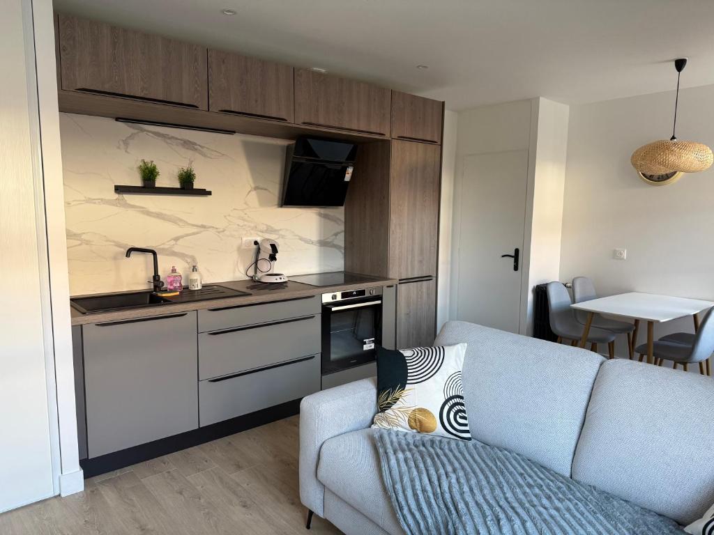 un salon avec un canapé et une cuisine dans l'établissement Chez Auguste, à Chaumont