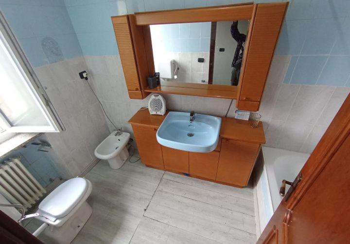 都灵Vivi la magia di Torino的浴室里有洗手池、马桶和镜子。