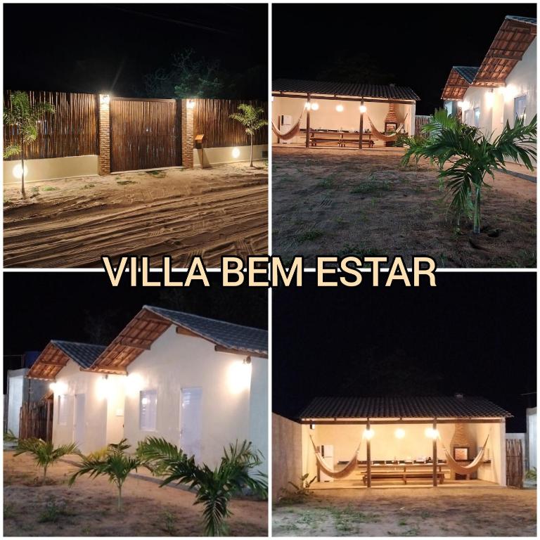 a group of three pictures of a house at night at Casa na lagoa do Paraíso- Villa Bem Estar in Jericoacoara