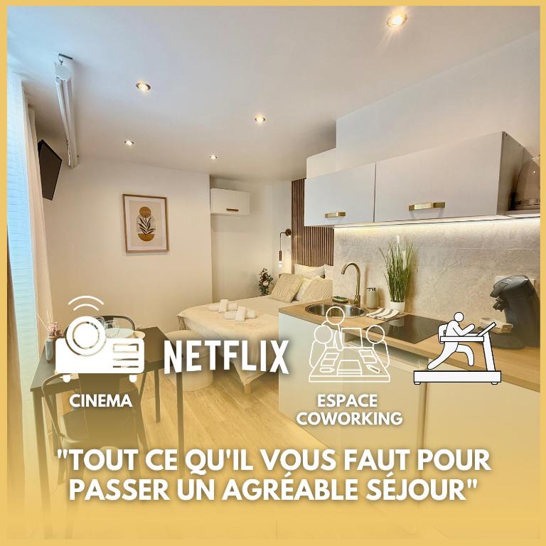 un rendu d'une cuisine dans un appartement dans l'établissement Studio 2 - Cinéma Sport Parking - DABNB, à Limoges