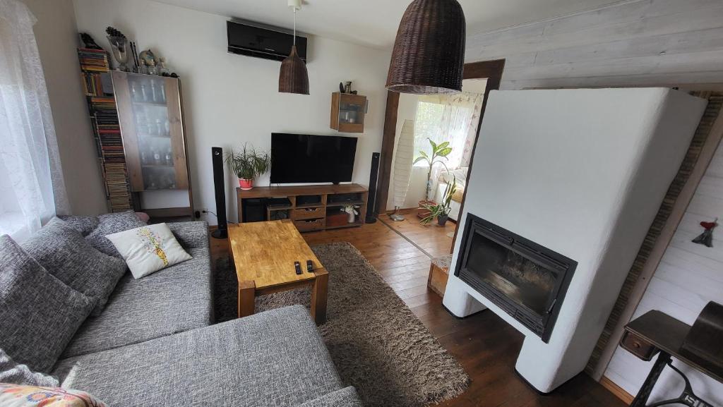 a living room with a couch and a fireplace at Private house in Kristiine in Tallinn