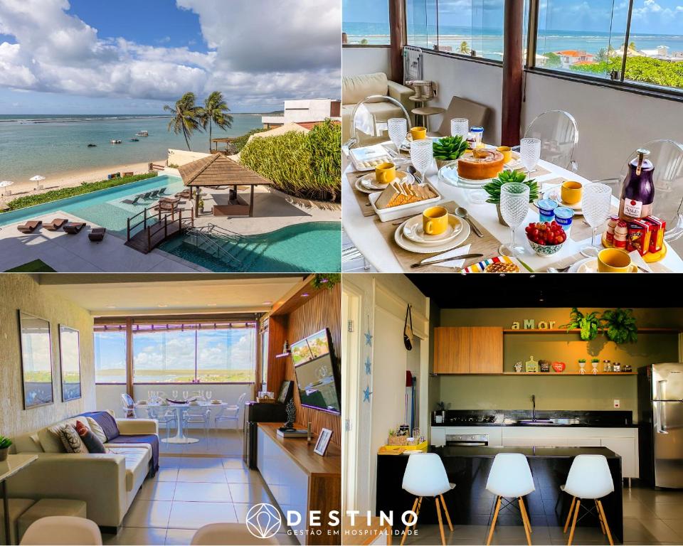 a kitchen and a living room with a view of the ocean at Cobertura em Barra Bali, Exclusiva Pé na Areia, Luxo e Vista Deslumbrante - Destino BSM 402 in Barra de São Miguel