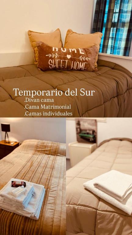 a collage of two pictures of a bed with a tray on it at Temporario del Sur in Santiago del Estero