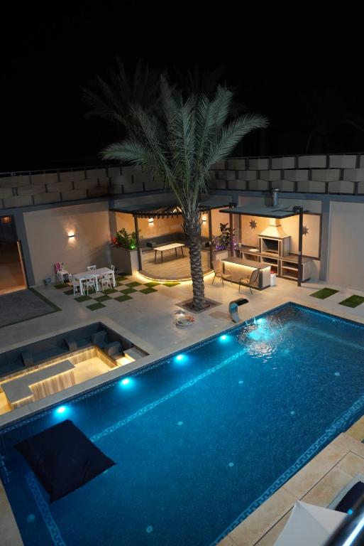 ein Swimmingpool bei Nacht mit einer Palme in der Unterkunft Lumen villa in Umm Uthainah