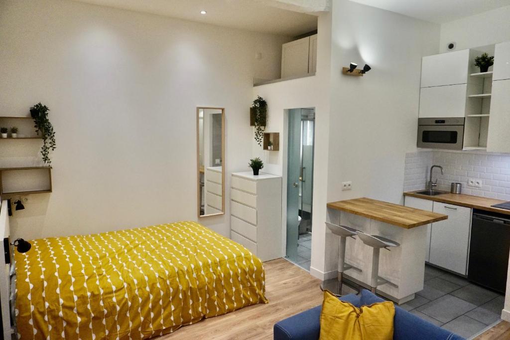 Il comprend un salon avec un lit jaune et une cuisine. dans l'établissement Studio calme et tout équipé centre historique, à Aix-en-Provence