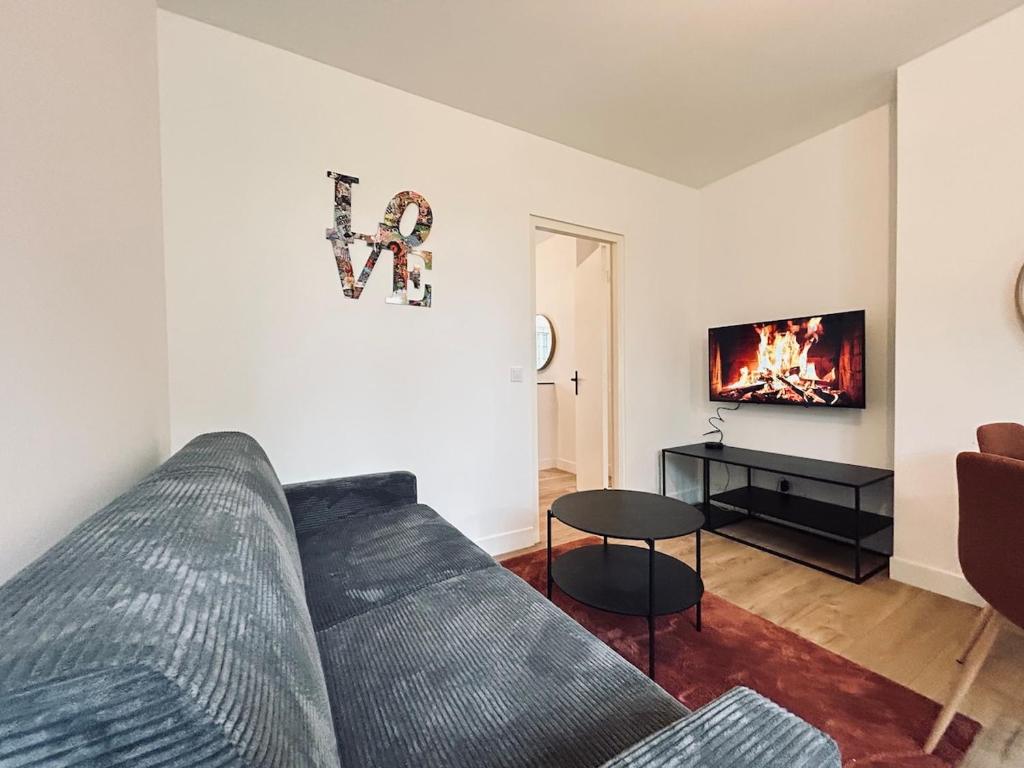 un salon avec un canapé et une télévision dans l'établissement 3 Clairmarais charmant T2 proche centre-ville, à Reims