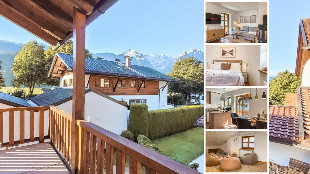 un collage de fotos de una casa en Apartment für 6 - Bergblick, Balkon, Kamin, Kino, Yoga, Parkplatz, en Garmisch-Partenkirchen