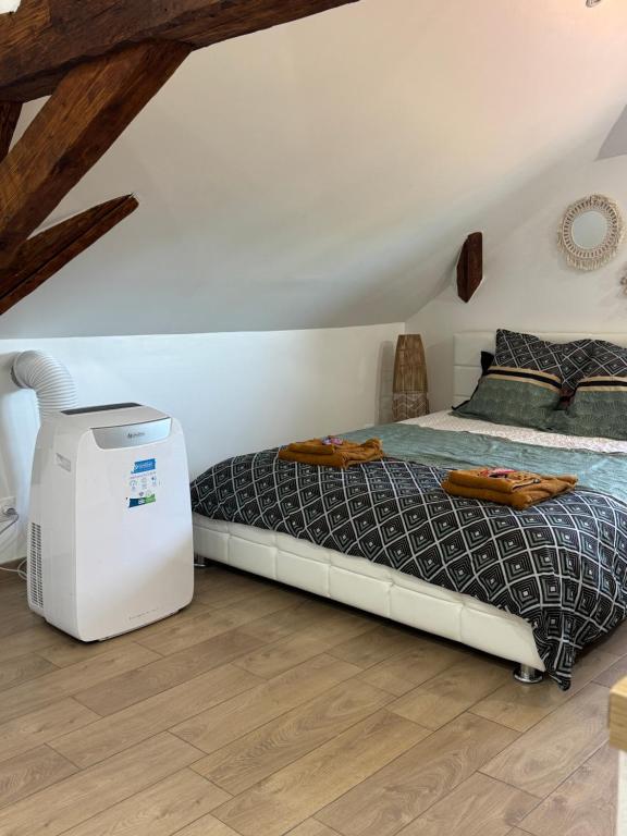 een slaapkamer met een bed naast een koelkast bij Le cocon du leman Un espace cosy oú vous retrouver in Publier