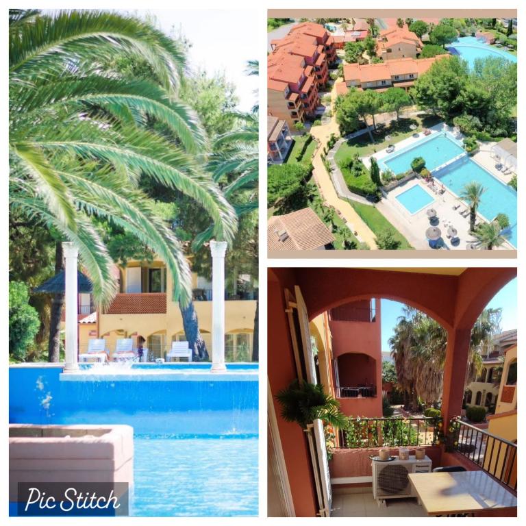 un collage de photos d'un complexe et d'une piscine dans l'établissement Relaxing vacation, à Brignac