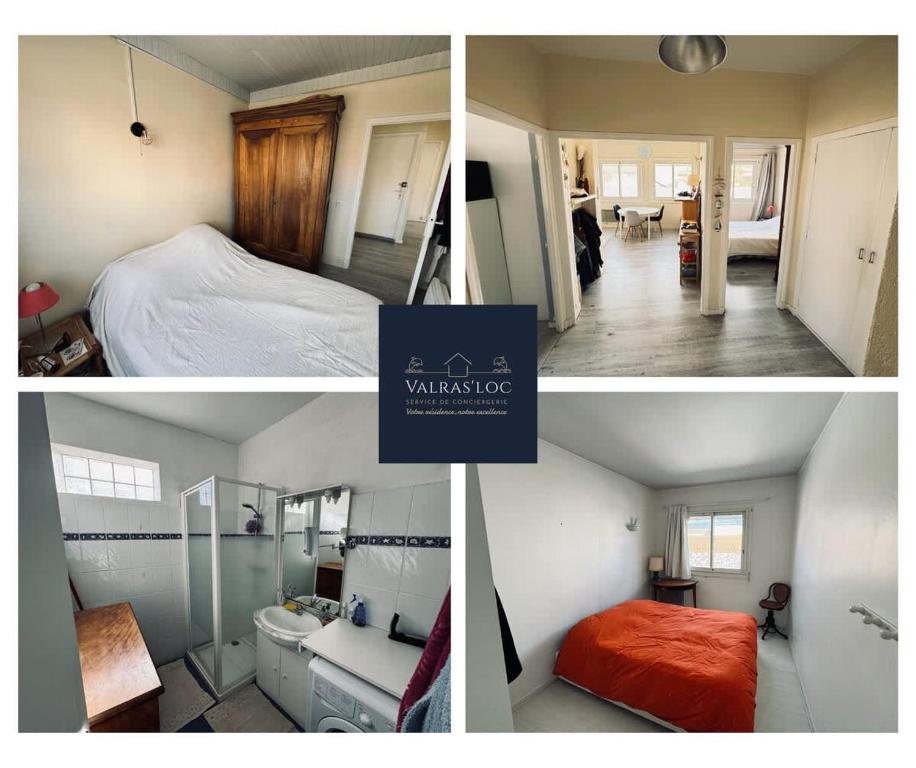 un collage de trois photos d'une chambre dans l'établissement Proche Plage 2 Chambres, à Valras-Plage