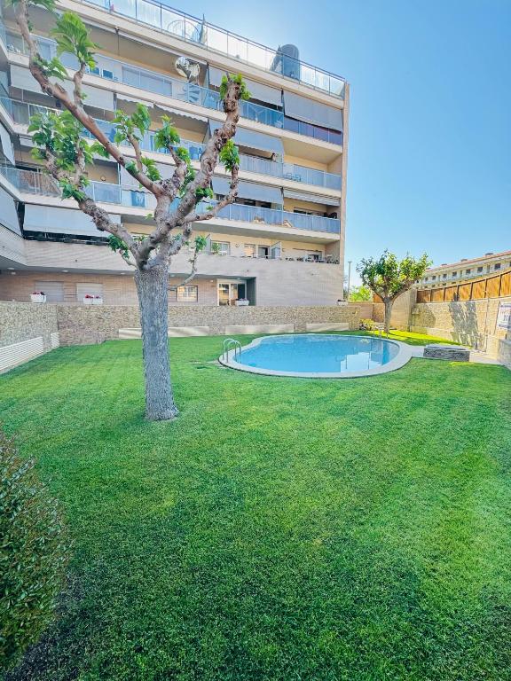 drzewo w ogrodzie obok budynku w obiekcie Magnífico piso con piscina y terraza grande cerca de la playa w Lloret de Mar