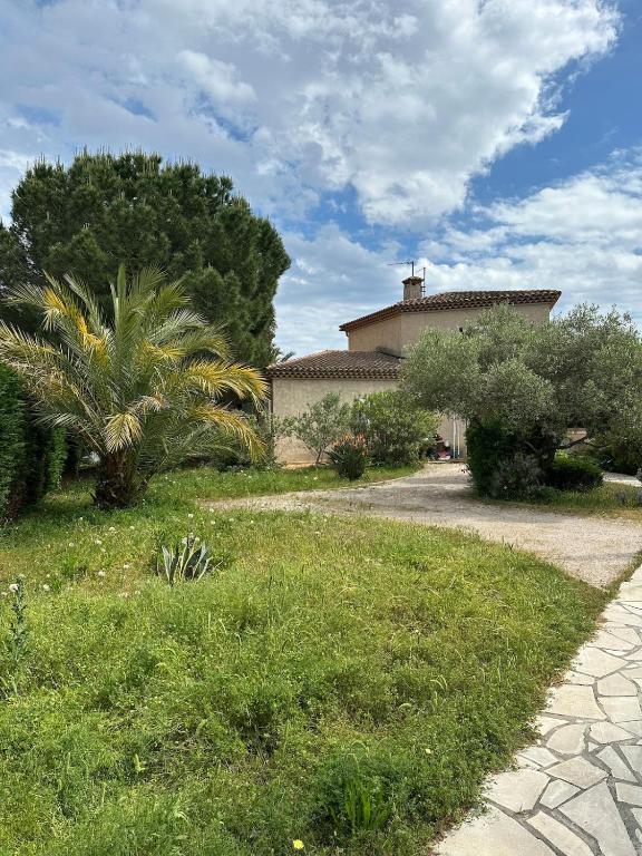 une cour avec une maison et un palmier dans l'établissement Villa parfaite pour des vacances, à Hyères