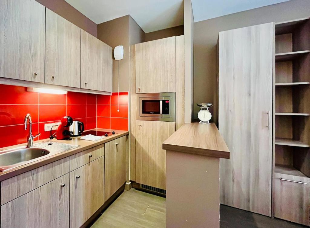 - une cuisine avec des placards en bois, un évier et des murs rouges dans l'établissement Studio calme sur les rives de l'Orne, à Caen