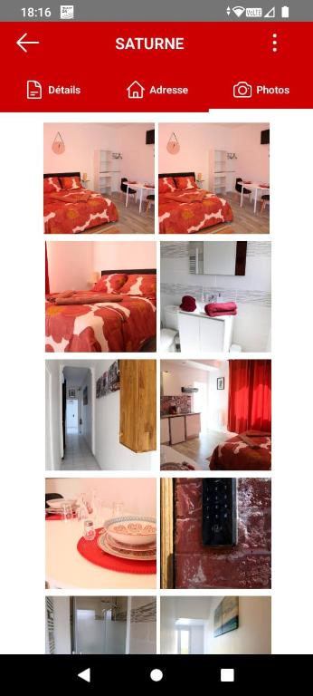 un collage de photos d'une chambre avec un lit dans l'établissement Saturne, à Saint-Quentin