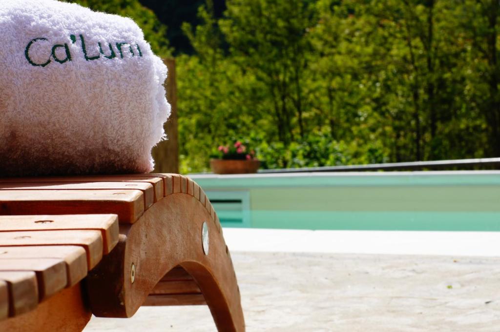 a bench with the word calvin on it sitting next to a pool at Ca'Luni in Casola in Lunigiana