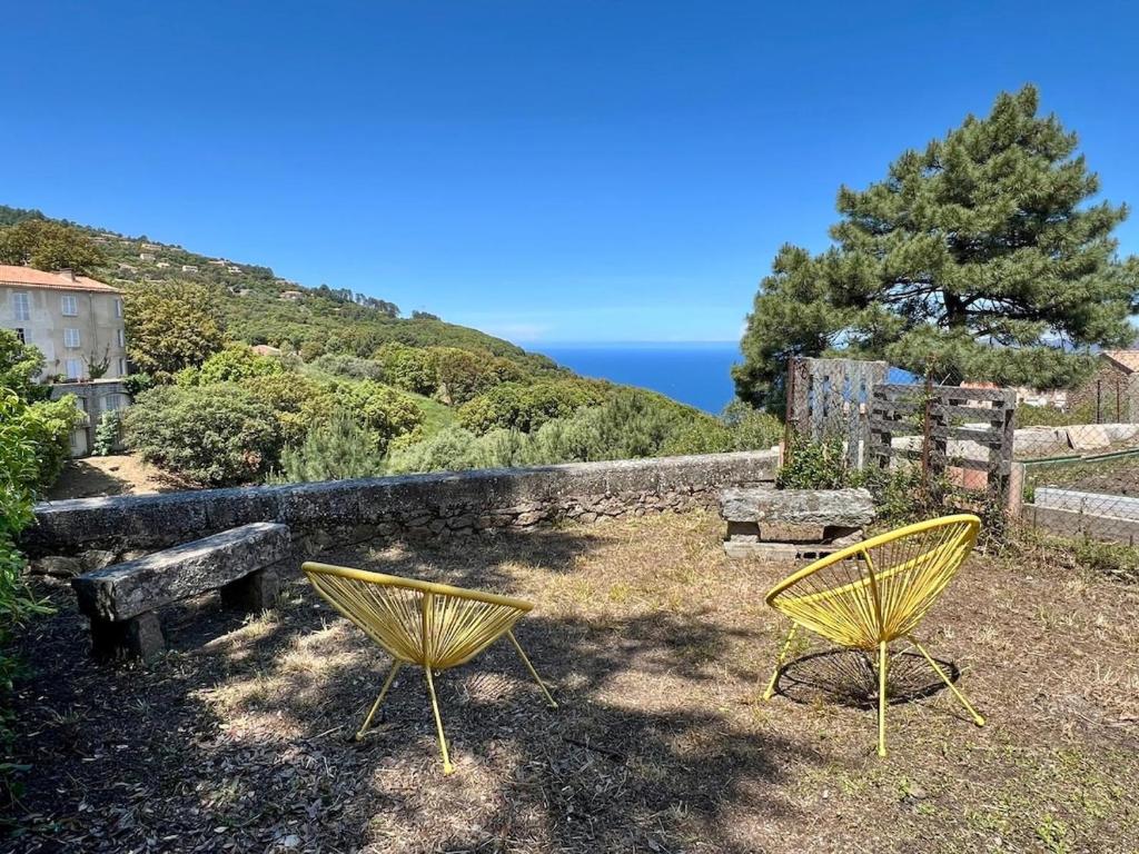 deux chaises jaunes et un banc devant l'océan dans l'établissement Bergerie corse avec vue mer, à Piana
