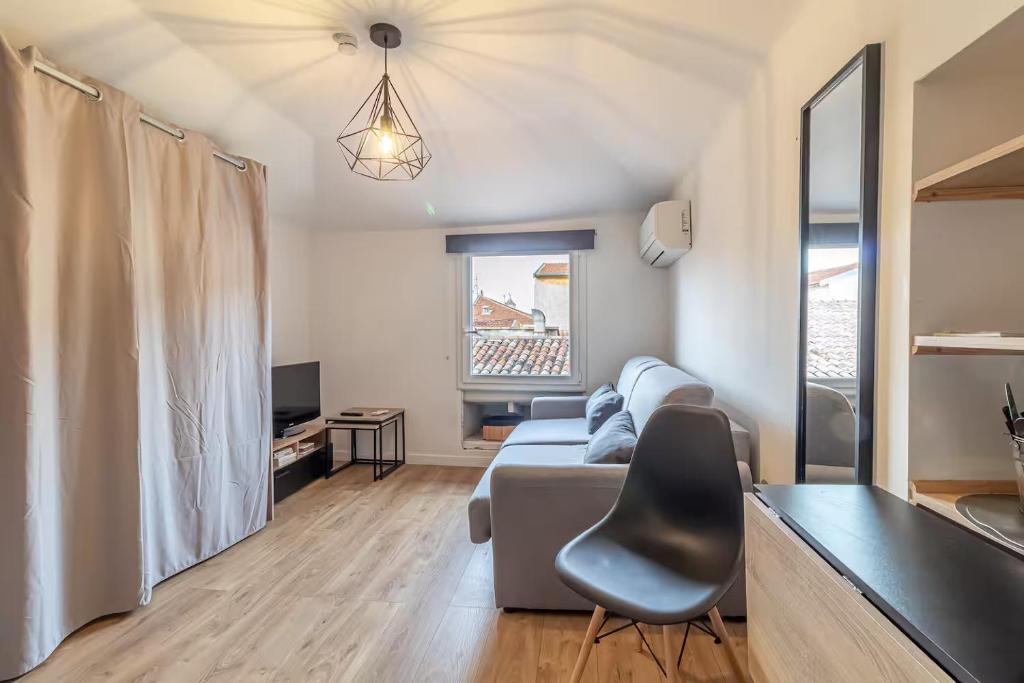 un salon avec un canapé et une chaise dans l'établissement Nice - Studette confort sur les toits au cœur du Vieux Nice, à Nice