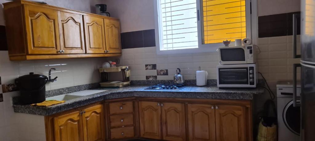 萨伊迪耶Appartement的厨房配有木制橱柜、微波炉和水槽。