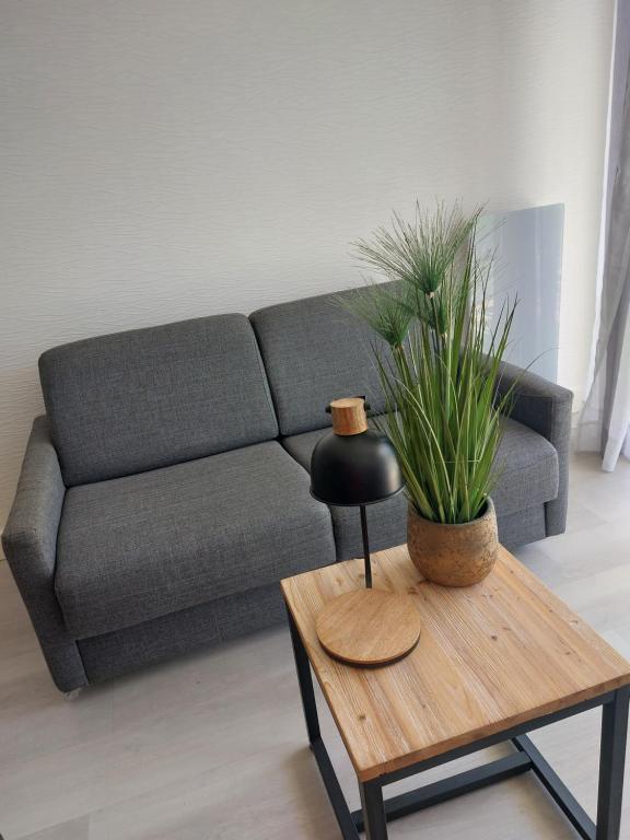 un salon avec un canapé et une table avec une plante dans l'établissement Studio contemporain vue côté mer, à La Baule