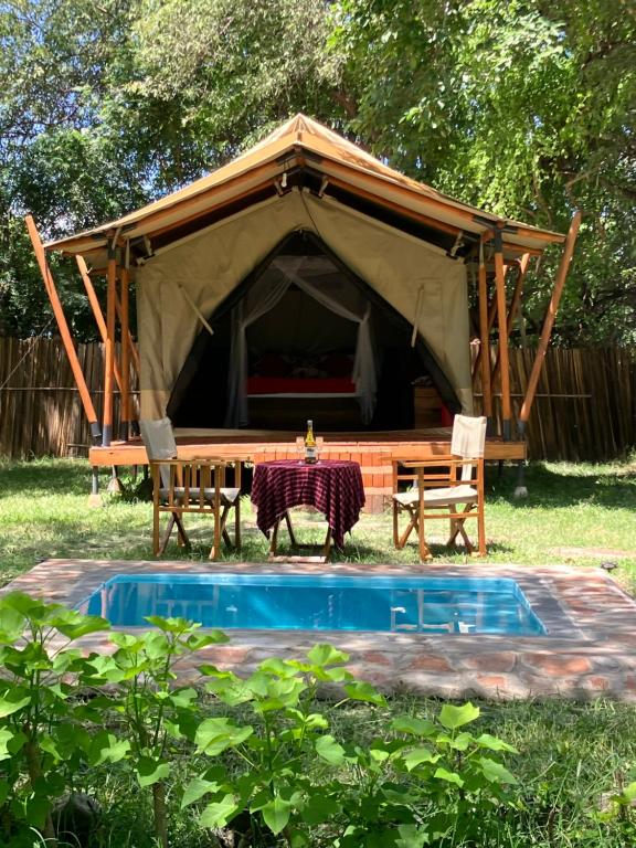 a gazebo with a table and chairs next to a pool at Keremasi Camp Lake Natron in Mtowabaga