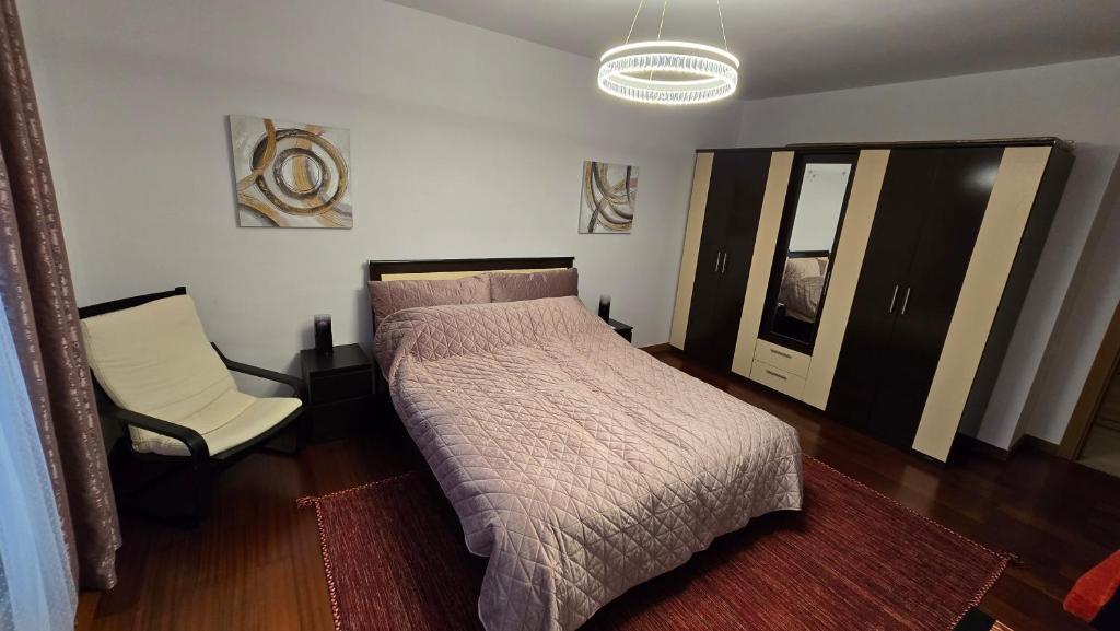 a bedroom with a bed and a chair in it at AVS Concept Cosmopolis in Ştefăneştii de Sus