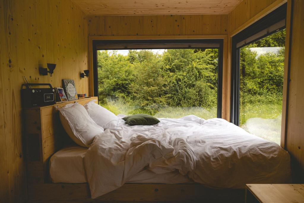 サン・テニャンにあるParcel Tiny House - Lama Emoi 5 min du Zoo de Beauvalの大きな窓のある部屋のベッド