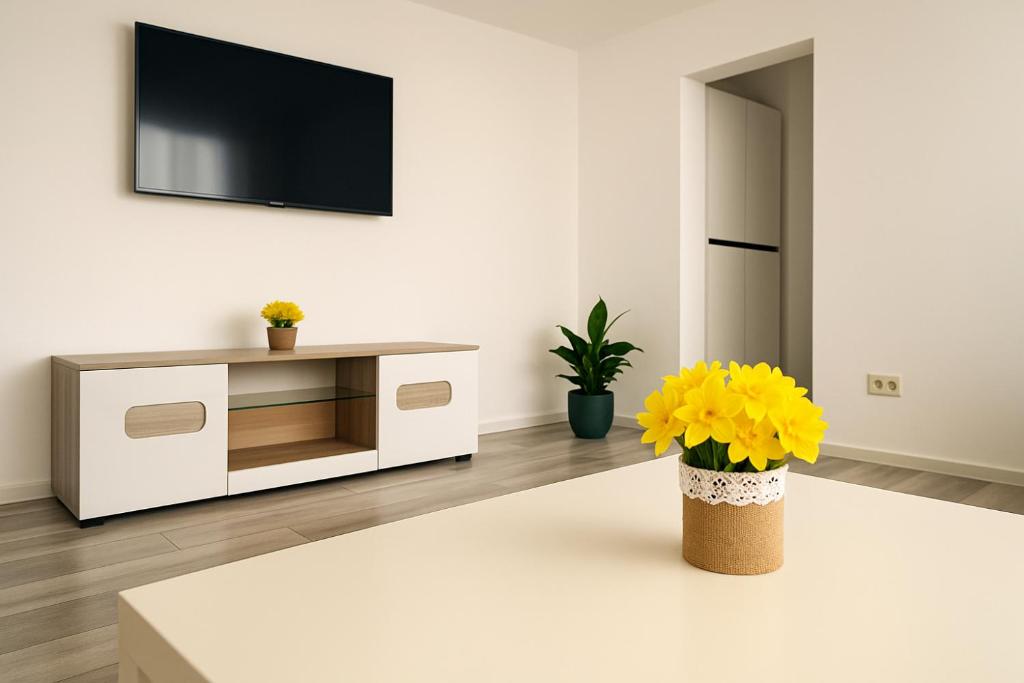 a living room with a tv on a wall at Casiana Apartments in Timişoara