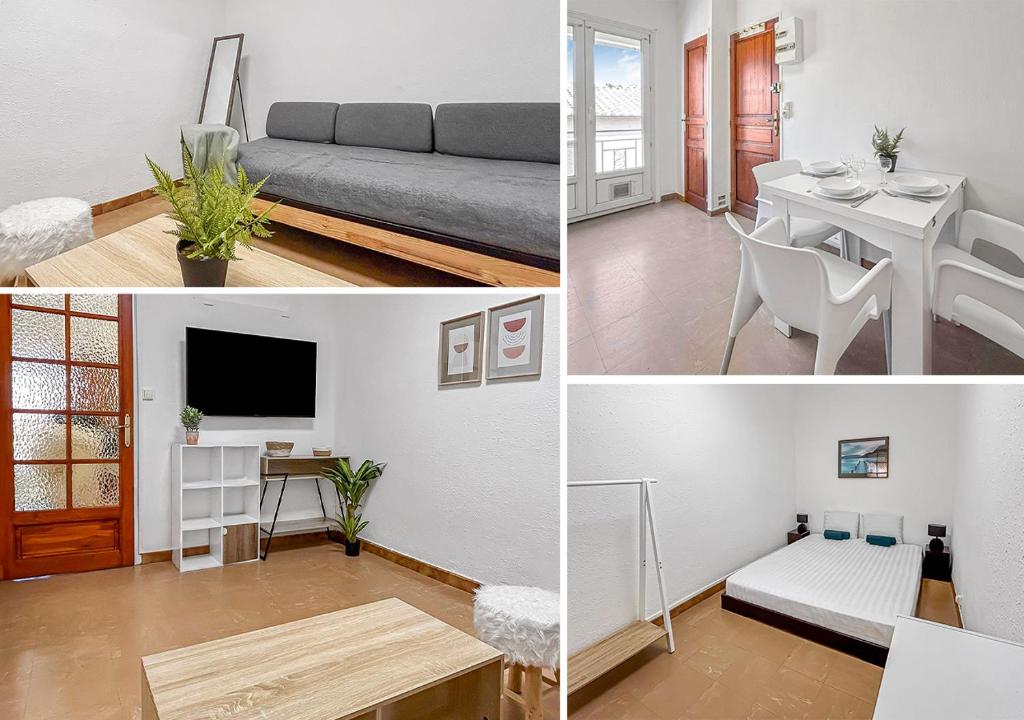 un collage de photos d'un salon et d'une chambre dans l'établissement Charmant T2, Idéal pour explorer Perpignan à pied, à Perpignan