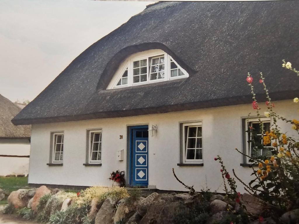 een huis met een zwart dak en een blauwe deur bij Ferienwohnung "Achtern Diek" 45324 in Groß Zicker