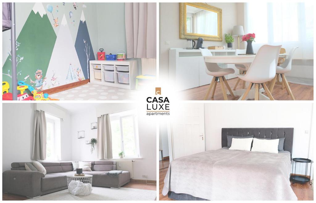 a collage of photos of a bedroom and a living room at CASA LUXE - 115qm - Stadtmitte - Familienfreundlich - Parkplatz - 5km zum Legoland in Günzburg