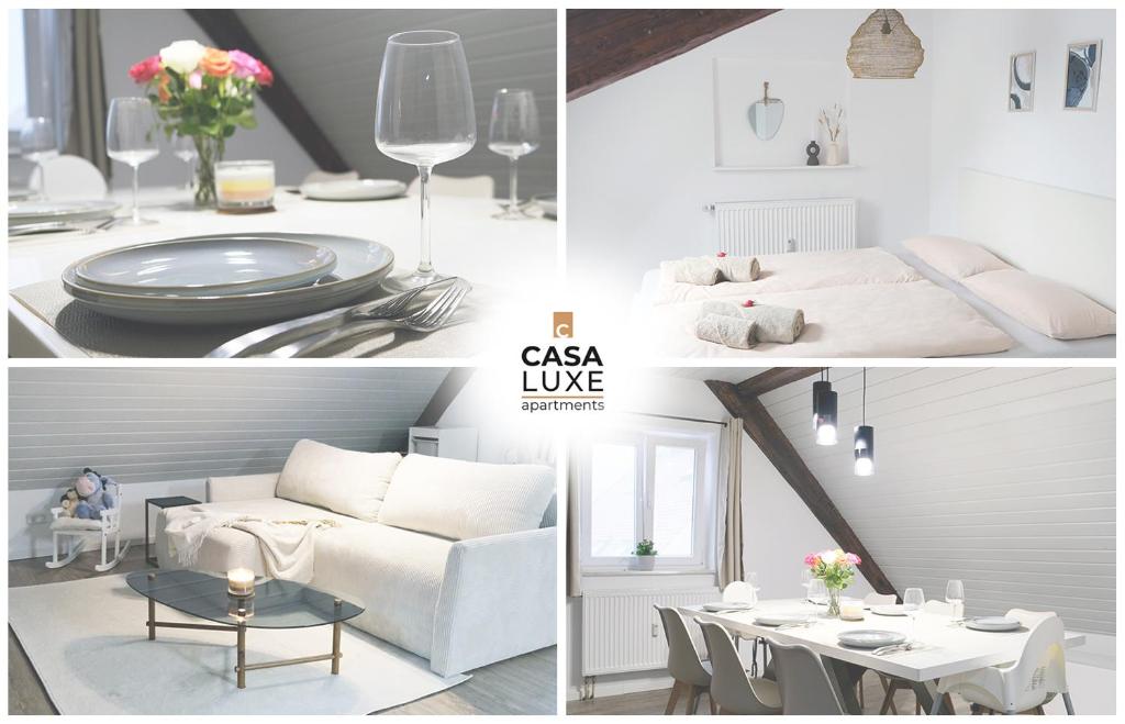 a collage of photos of a living room and dining room at CASA LUXE - 80qm - Stadtmitte - Familienfreundlich - Parkplatz - 5km zum Legoland in Günzburg