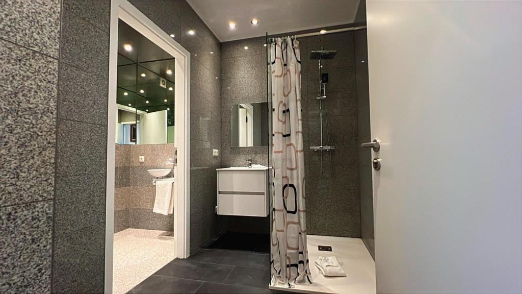 a bathroom with a shower and a sink at Domus Hotel in Luxembourg