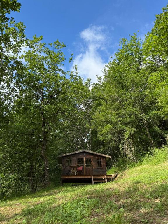 a small cabin in the middle of a field with trees at M'Belles Cabanes in Viala-du-Tarn