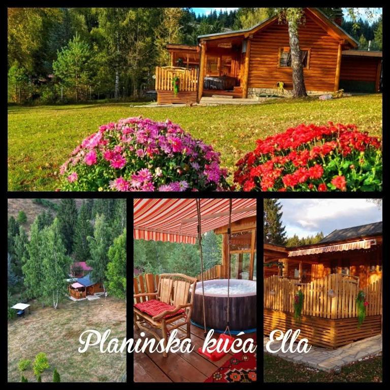 a collage of pictures of a house and flowers at Planinska kuca Ella in Jelik