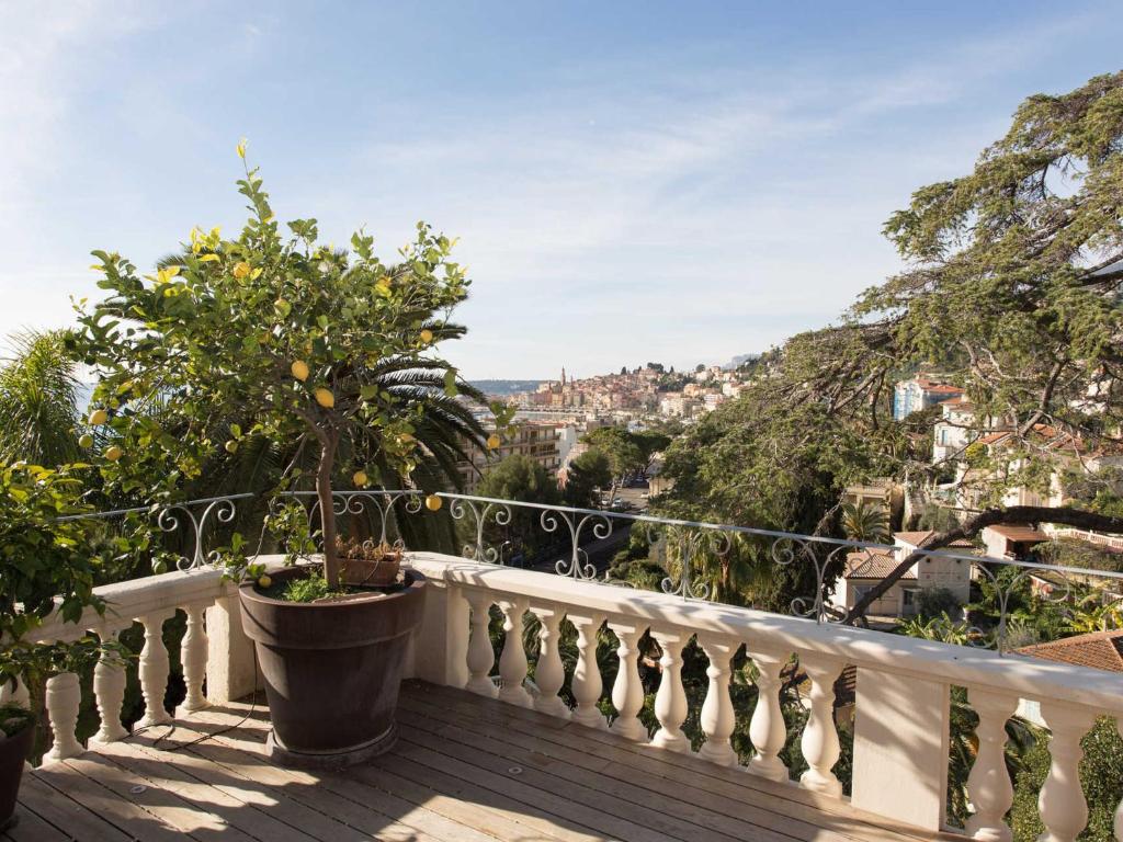 - un balcon avec un arbre dans un pot sur une balustrade dans l'établissement Superbe duplex 3 pièces au calme avec terrasse, parking privé et WiFi - FR-1-196-294, à Menton