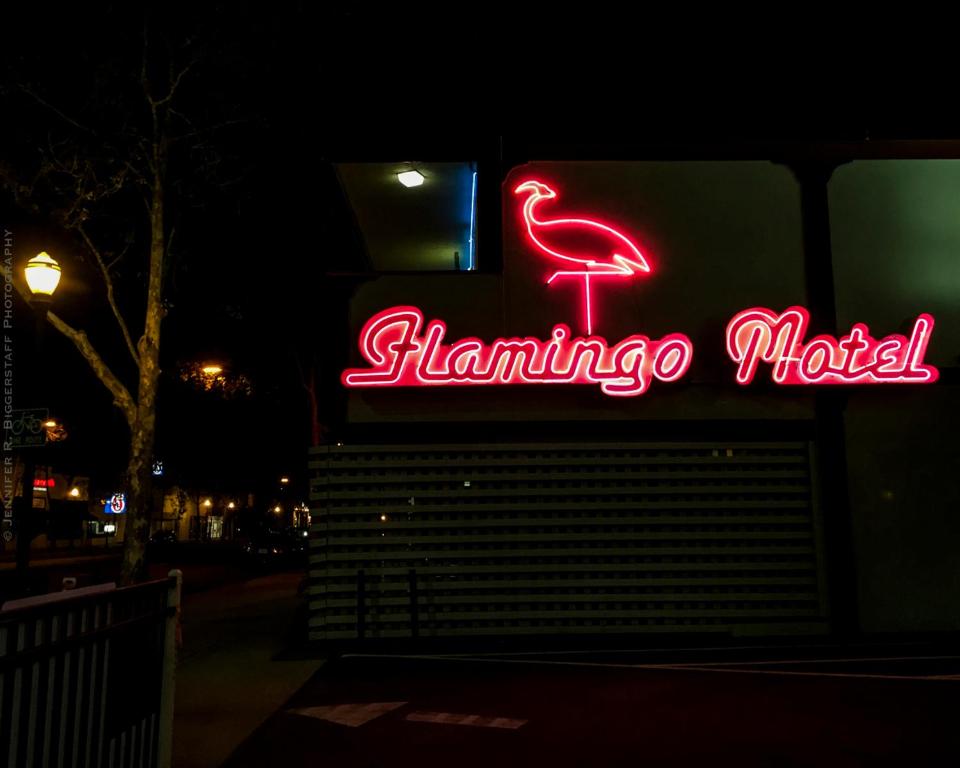 a neon sign for a flamingo motel at night at The Flamingo Motel San Jose in San Jose