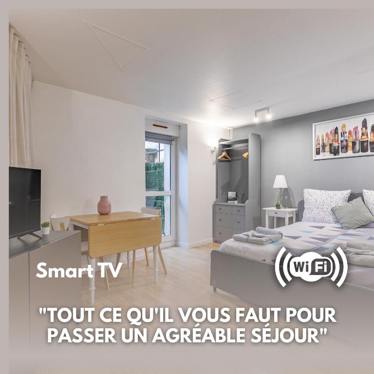 une chambre avec un lit, un bureau et une télévision dans l'établissement Studio Orangerie & centre, à Strasbourg