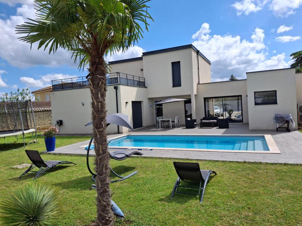 マコンにあるlocation villa moderne piscineのヤシの木とスイミングプールのある家