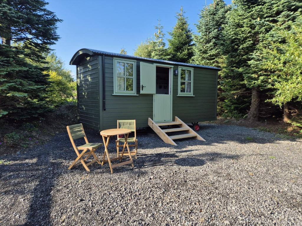 a green tiny house with a table and chairs at Clissmann Farm Shepherds Hut in Rathdrum
