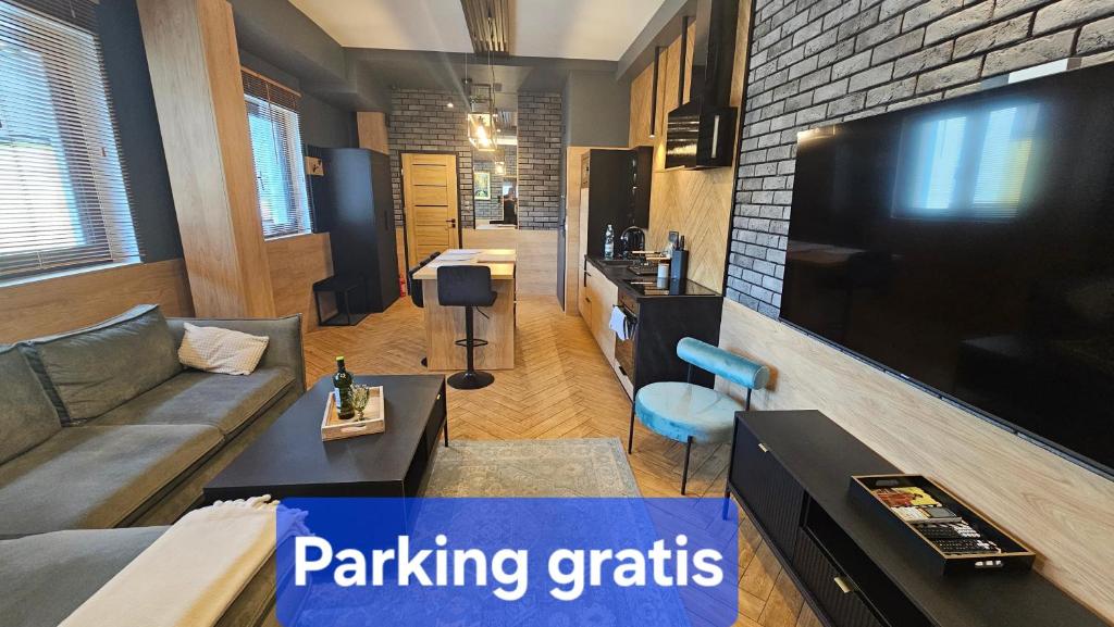 un soggiorno con divano e TV a schermo piatto di Apartamenty Kąpielowa Platynowy a Ełk
