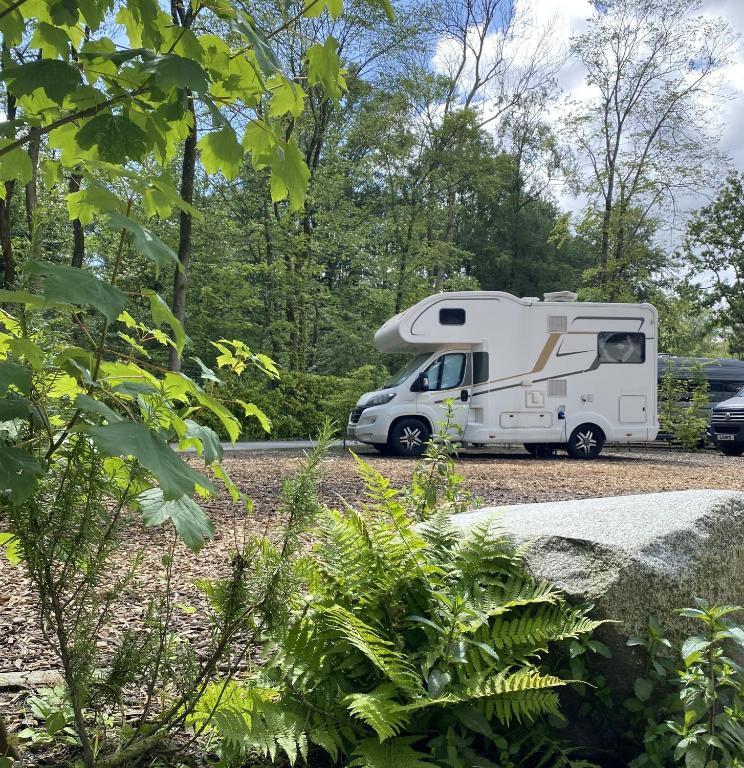 a white rv parked in a parking lot at Camping Vliegenbos in Amsterdam