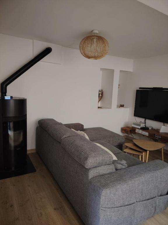 un salon avec un canapé et une télévision à écran plat dans l'établissement La Casa Beaujolaise, à Charnay