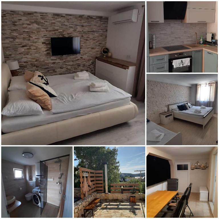 a collage of pictures of a kitchen and a bedroom at Apartment Ena in Stara Novalja