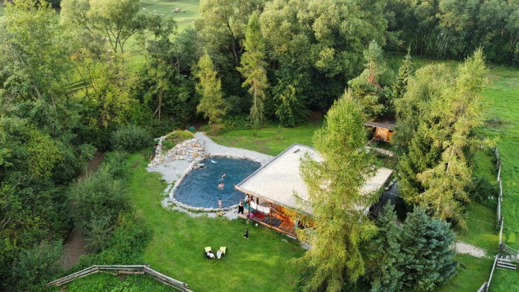 an aerial view of a house with a swimming pool at Holiday Raj in Bešeňová