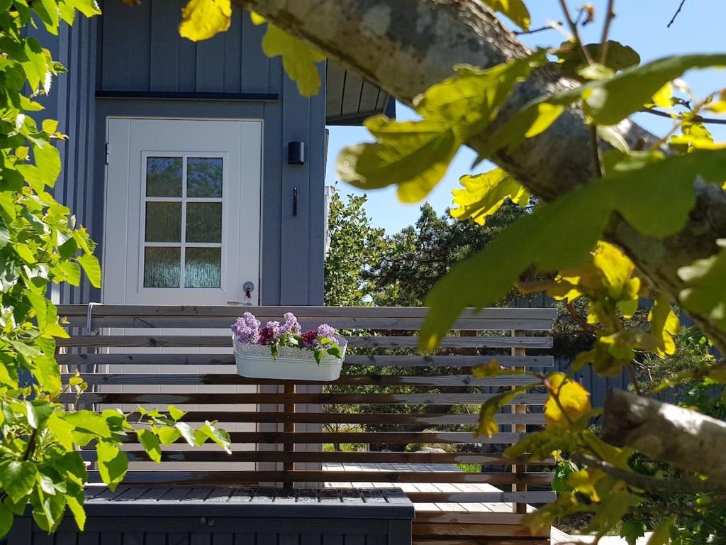 ein blaues Haus mit einem Blumentopf auf der Treppe in der Unterkunft Sjarmerende liten gjestehytte in Fredrikstad