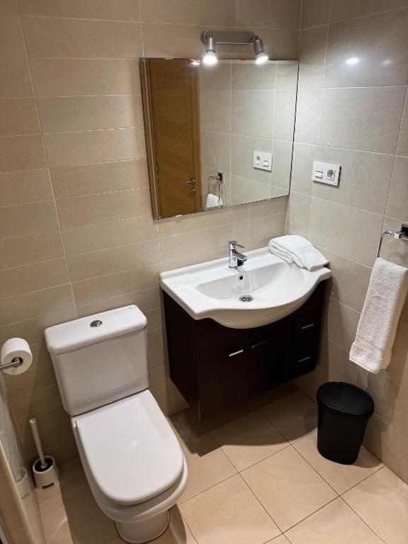 a bathroom with a toilet and a sink and a mirror at Apartamento Rammari Spa in San Miguel de Reinante