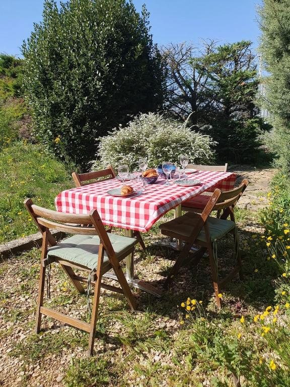 a picnic table with a red and white checkered table cloth at 15 min A7, idéal Pro, Nuit Étape & invités événement in Cléon-dʼAndran