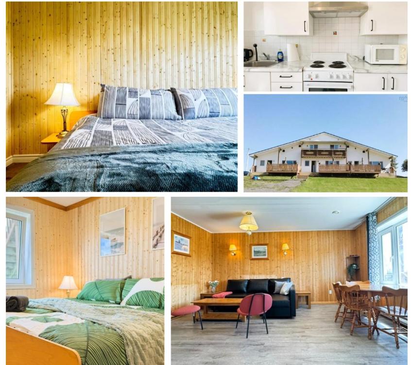 a collage of pictures of a bedroom and a house at The Great Cabot Lodge in Baddeck