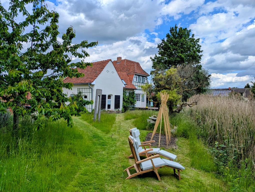 LelkendorfにあるForsthaus Lelkendorf / Ferienwohnungの芝生の中にラウンジチェア2脚がある家