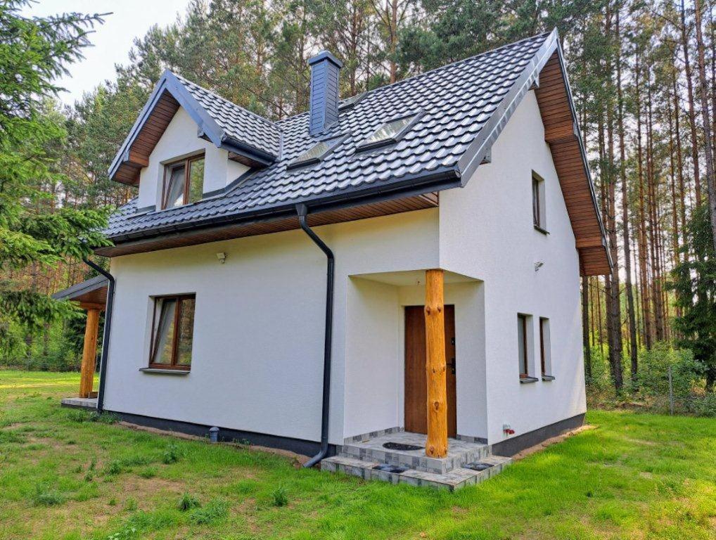 a small white house with a black roof at Luksusowy dom w sosnowym lesie in Płaska